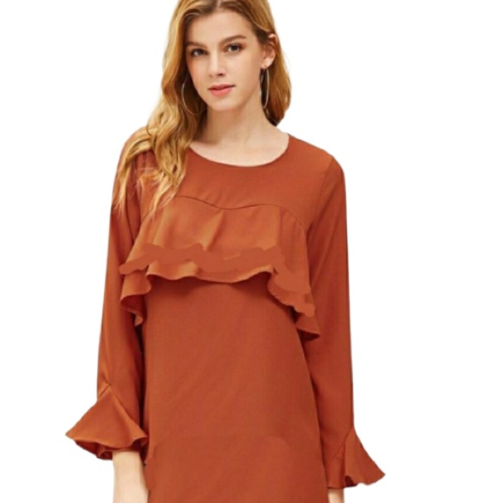 Dress shirt autumn orange fashion ruffles LongSleeve large